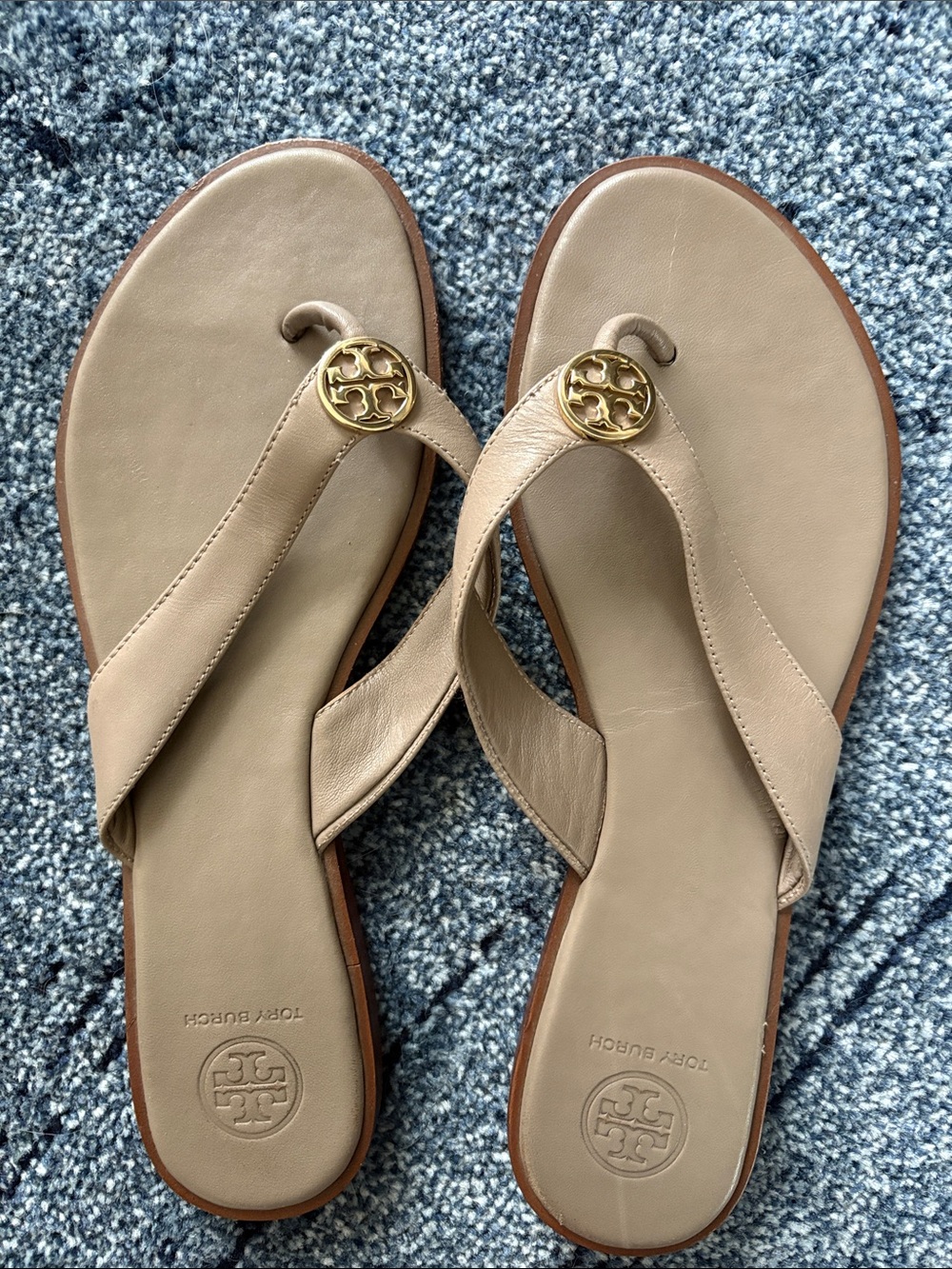 Tory Burch Beige Leather Logo Thong Sandals